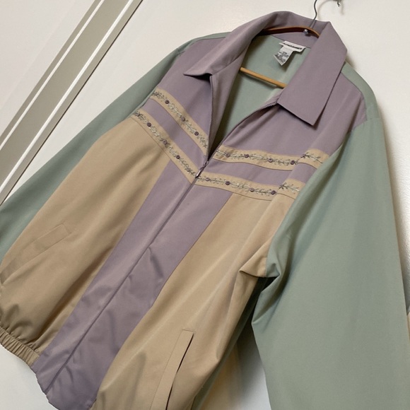 Vintage Jacket Women XL 22W Tan Pastels 90s Floral Embroidery Cottagecore Spring - Picture 5 of 16